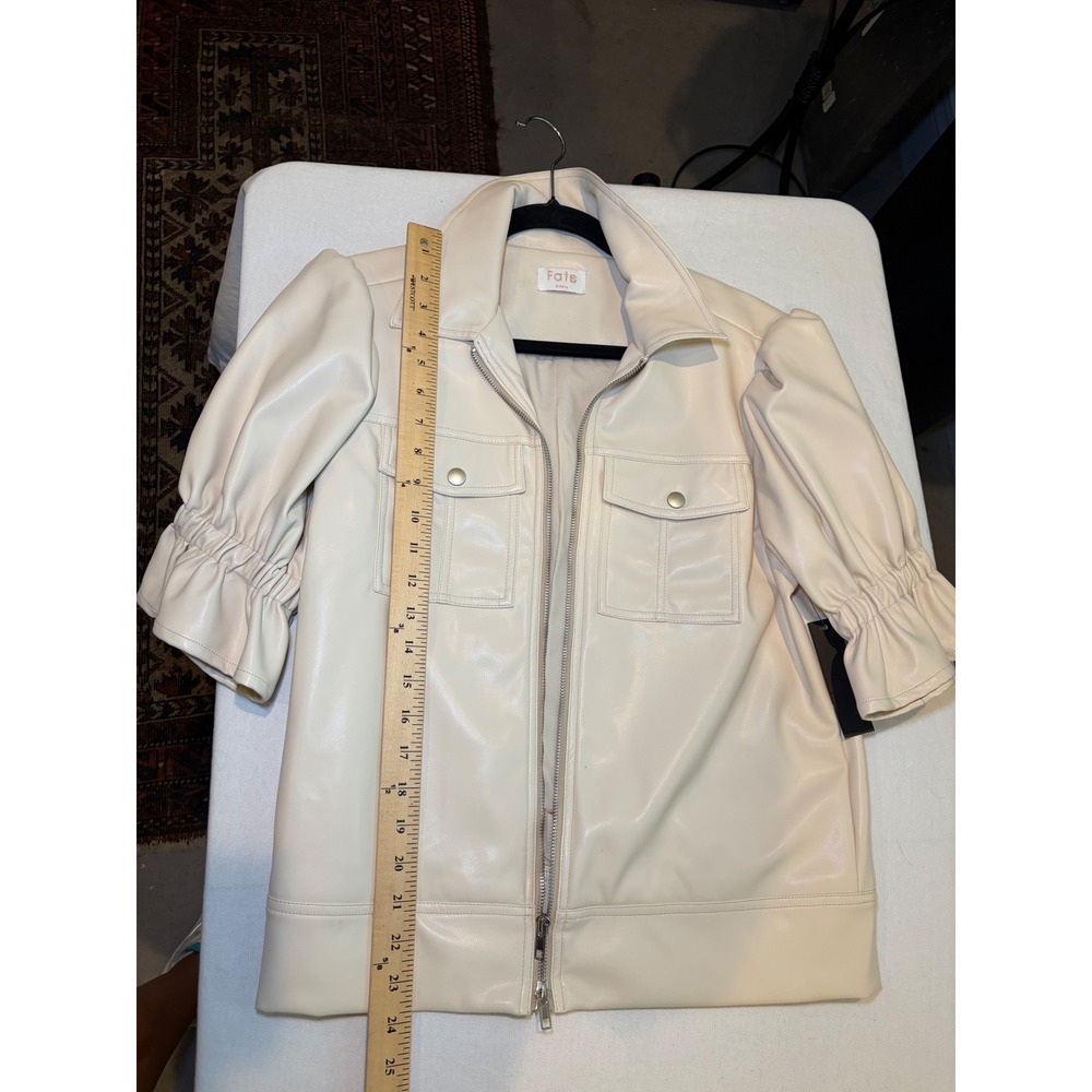 Fate Faux Leather Puff Sleeve Jacket Ivory Cream Zip Up Ruffle Small RN131468 - Picture 8 of 9